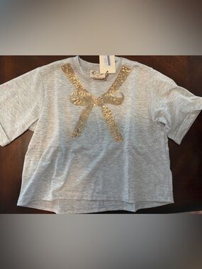 Joyfolie Gray Short Sleeve Tee with Gold Sequin Bow